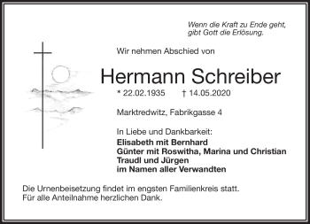 Traueranzeige von Hermann Schreiber von Frankenpost