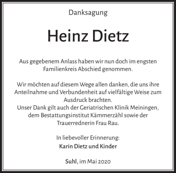 Traueranzeige von Heinz Dietz von Südthüringer Presse