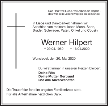 Traueranzeige von Werner Hilpert von Frankenpost