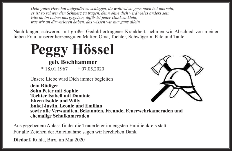  Traueranzeige für Peggy Hössel vom 09.05.2020 aus Südthüringer Presse