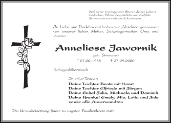 Traueranzeige von Anneliese Jawornik von Frankenpost