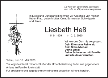 Traueranzeige von Liesbeth Heß von Neue Presse Coburg