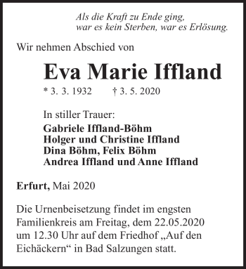 Traueranzeige von Eva Marie Iffland von Südthüringer Presse