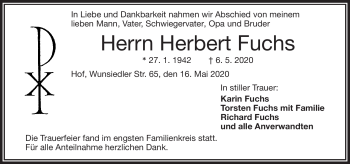 Traueranzeige von Herbert Fuchs von Frankenpost