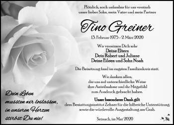 Traueranzeige von Tino Greiner von Südthüringer Presse