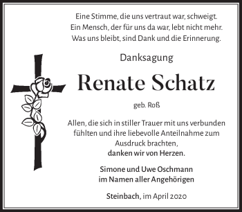 Traueranzeige von Renate Schatz von Südthüringer Presse