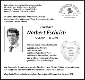 Traueranzeige von Norbert Eschrich von Südthüringer Presse