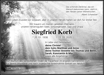 Traueranzeige von Siegfried Korb von Südthüringer Presse