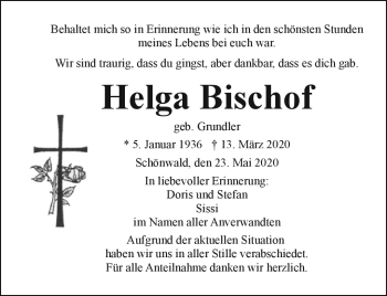 Traueranzeige von Helga Bischof von Frankenpost