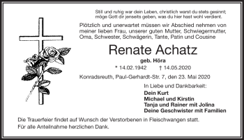 Traueranzeige von Renate Achatz von Frankenpost