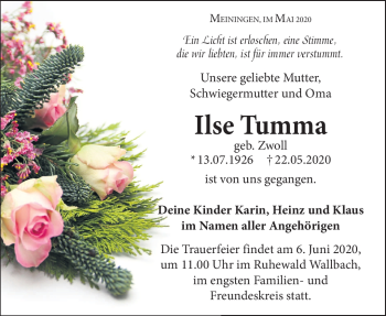 Traueranzeige von Ilse Trumma von Südthüringer Presse
