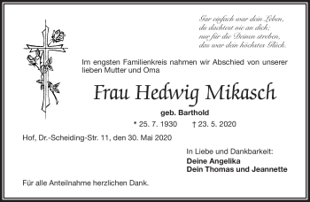 Traueranzeige von Hedwig Mikasch von Frankenpost
