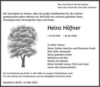 Traueranzeige von Heinz Häfner von Südthüringer Presse