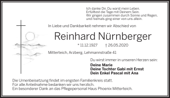 Traueranzeige von Reinhard Nürnberger von Frankenpost
