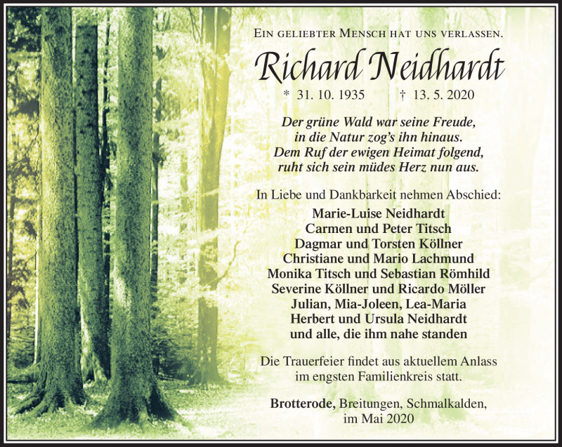  Traueranzeige für Richard Neidhardt vom 16.05.2020 aus Südthüringer Presse