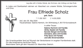 Traueranzeige von Elfriede Scholz von Frankenpost