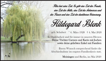 Traueranzeige von Hildegard Blenk von Südthüringer Presse