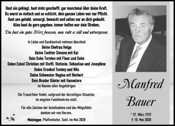 Traueranzeige von Manfred Bauer von Südthüringer Presse