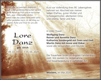 Traueranzeige von Lore Danz von Südthüringer Presse