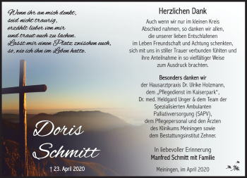 Traueranzeige von Doris Schmitt von Südthüringer Presse