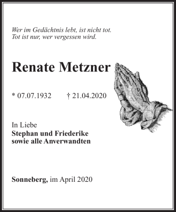 Traueranzeige von Renate Metzner von Südthüringer Presse