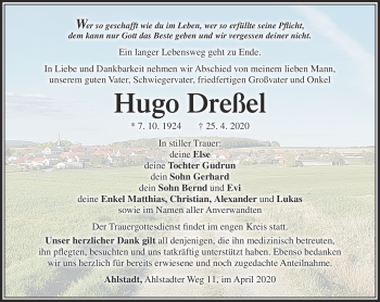 Traueranzeige von Hugo Dreßel von Südthüringer Presse