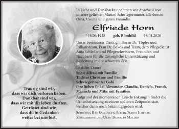 Traueranzeige von Elfriede Horn von Südthüringer Presse