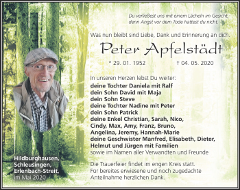 Traueranzeige von Peter Apfelstädt von Südthüringer Presse