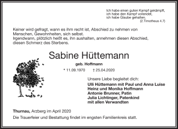 Traueranzeige von Sabine Hüttemann von Frankenpost