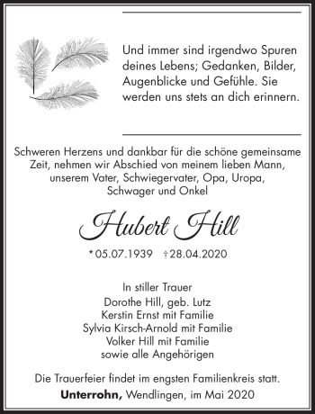 Traueranzeige von Hubert Hill von Südthüringer Presse