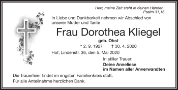 Traueranzeige von Dorothea Kliegel von Frankenpost