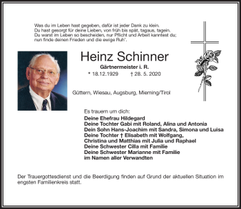 Traueranzeige von Heinz Schinner von Frankenpost