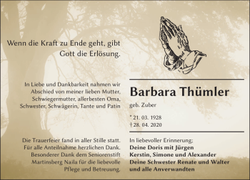 Traueranzeige von Barbara Thümler von Frankenpost