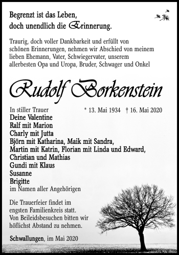 Traueranzeige von Rudolf Borkenstein von Südthüringer Presse