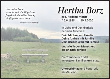Traueranzeige von Hertha Borz von Südthüringer Presse