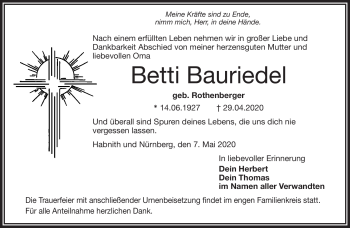 Traueranzeige von Betti Bauriedel von Frankenpost