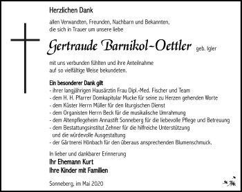 Traueranzeige von Gertraud Barnikol-Oettler von Südthüringer Presse