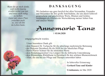Traueranzeige von Annemarie Tanz von Südthüringer Presse