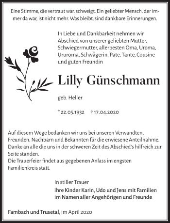 Traueranzeige von Lilly Günschmann von Südthüringer Presse