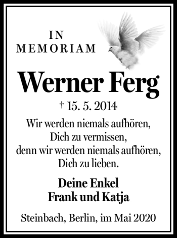 Traueranzeige von Werner Ferg von Südthüringer Presse