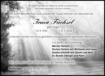Traueranzeige von Irma Füchsel von Südthüringer Presse