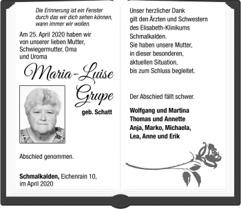Traueranzeige von Maria-Luise Grupe von Südthüringer Presse