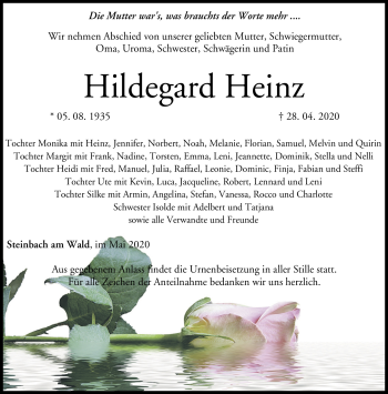Traueranzeige von Hildegard Heinz von Neue Presse Coburg