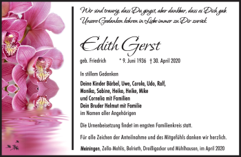 Traueranzeige von Edith Gerst von Südthüringer Presse