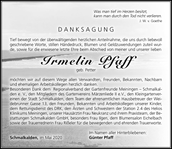Traueranzeige von Irmelin Pfaff von Südthüringer Presse