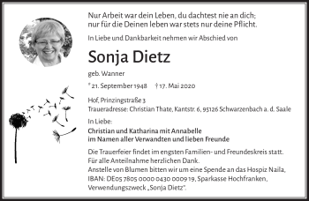 Traueranzeige von Sonja Dietz von Frankenpost