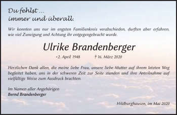 Traueranzeige von Ulrike Brandenberger von Südthüringer Presse