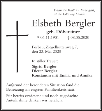 Traueranzeige von Elsbeth Bergler von Frankenpost