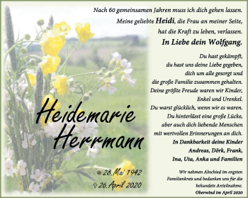 Traueranzeige von Heidemarie Herrmann von Südthüringer Presse