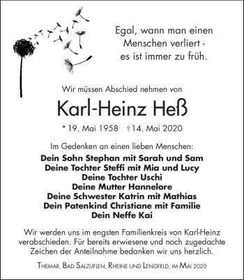 Traueranzeige von Karl-Heinz Heß von Südthüringer Presse